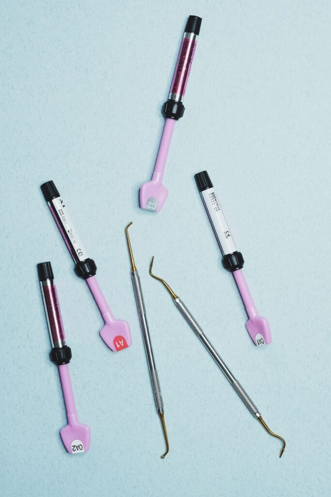 Dental instruments used to replace a lost filling at a dental clinic in Aurora